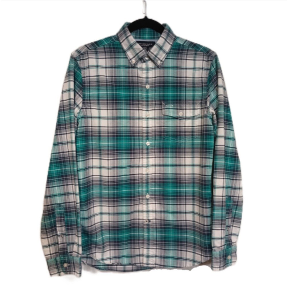 American Eagle Mens Aqua Plaid Button Up Long Sleeve Slim Fit Shirt Size Small